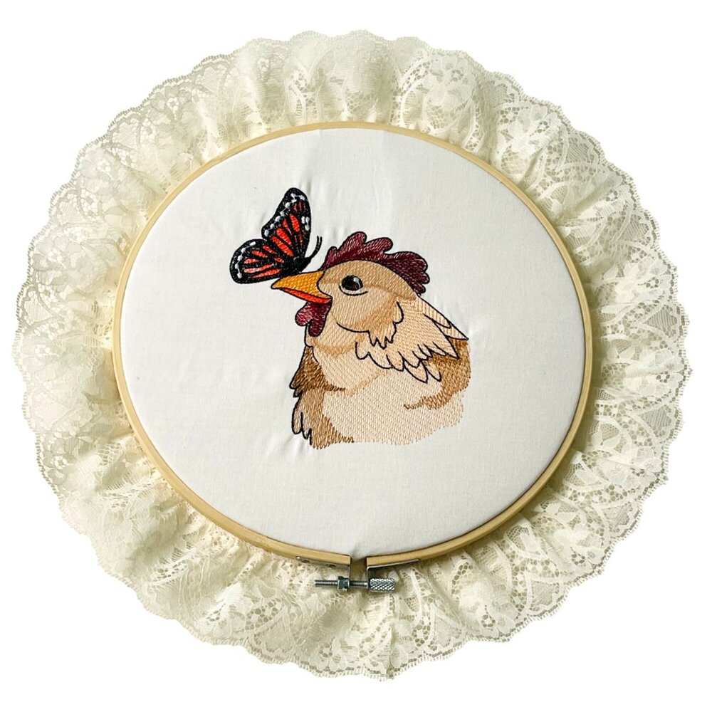 Chicken Butterfly Embroidered Art Wall Hanging Wood Embroidery Hoop Frame 13"